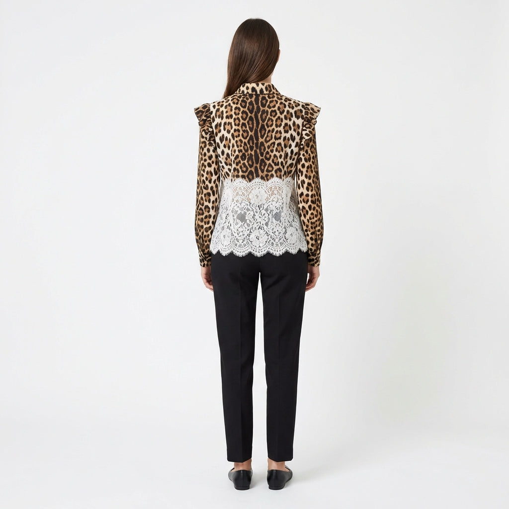 Blusa Leopardata con Dettagli in Pizzo